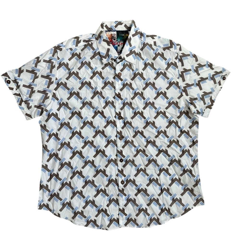 Robert Graham Casual White Brown Blue Abstract Short Sleeve Button Down Shirt XL